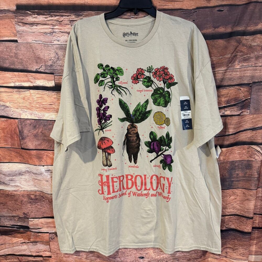 Harry Potter T-Shirt Men's Beige 3XL 100% Cotton Herbology Graphic Tee